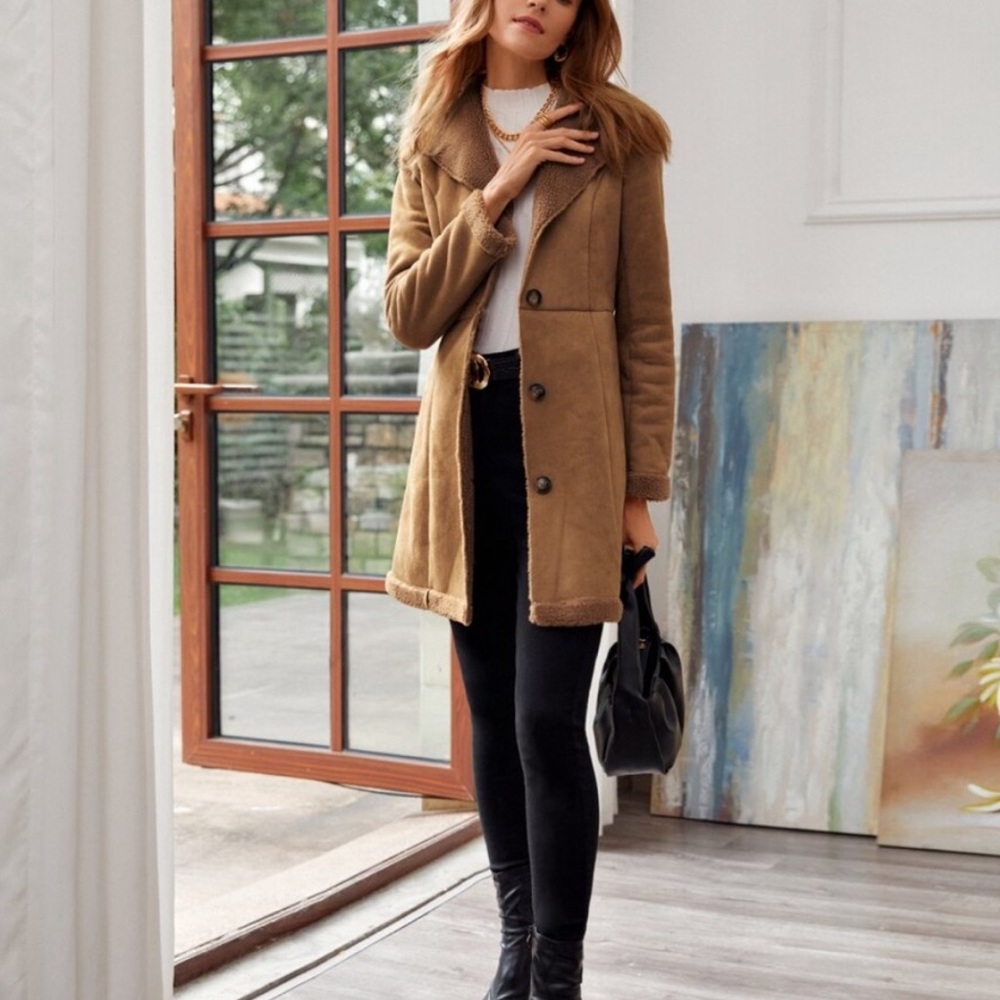 Camel Sherpa lined suede jacket coat - Picture 5 of 5
